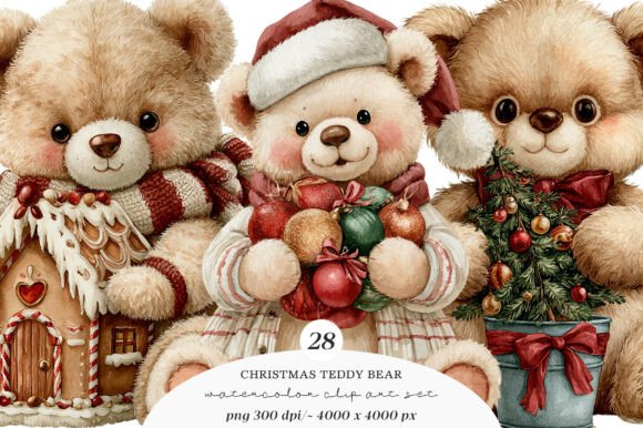 Download Watercolor Christmas Teddy Bear Clipart - Bear Collection
