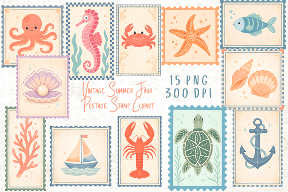 Download Vintage Summer Faux Postage Stamp PNG - Premium Bundle