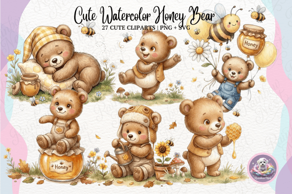 Download Cute Watercolor Honey Bear Clipart - Bear Collection