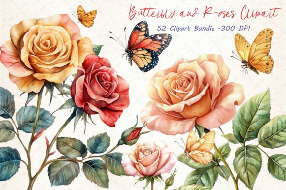 Download Watercolor Butterfly and Roses Clipart - Butterfly Collection